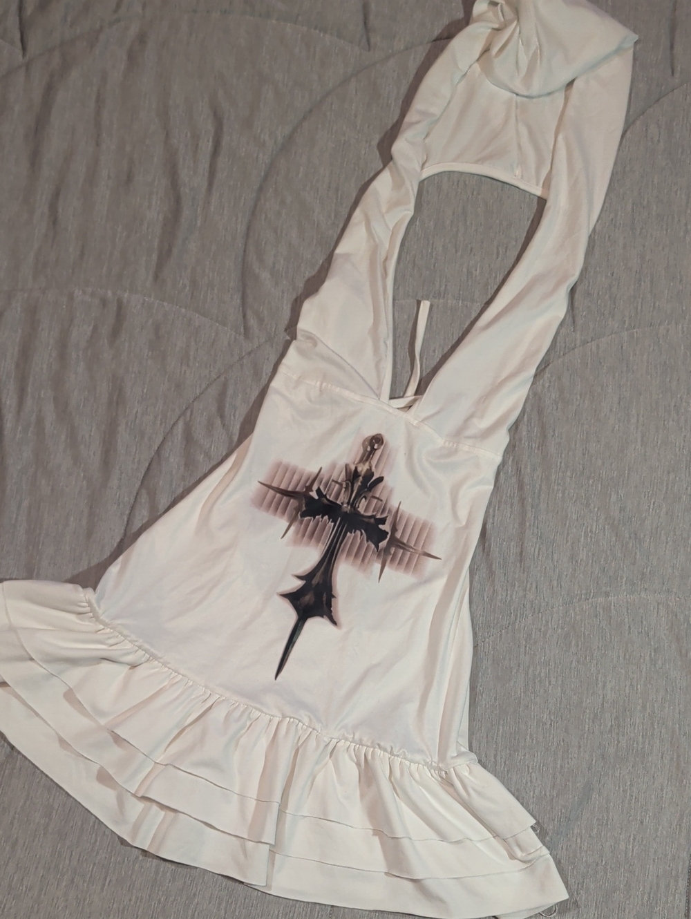 White Hooded Halter Mini Dress with Graphic Cross Detail
